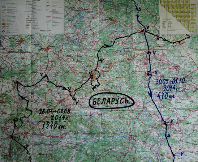 Маршруты движения в Беларуссии, очерченные на карте