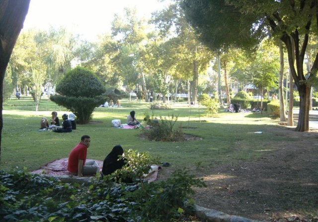Иранцы отдыхают и обедают, сидя на коврах